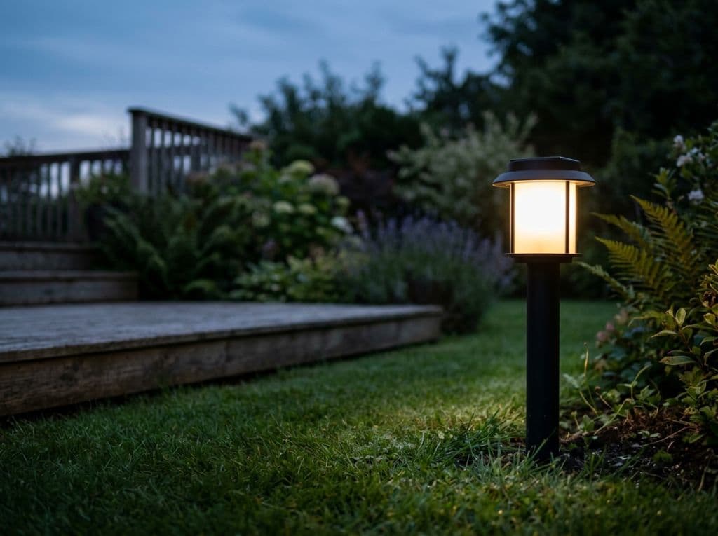 Lampa solarna świeci wieczorem w ogrodzie przy tarasie.